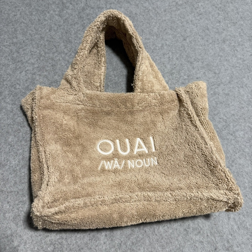 OUAI Terry Cloth Tote Bag Tan Beige Towel Material Mini Makeup Beach OS 9x12